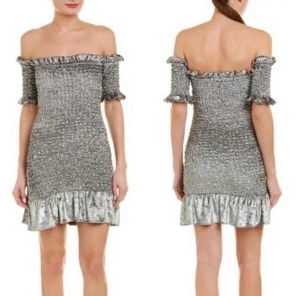 NWT Petersyn X Revolve Benson Smocked Mini Dress Steel Silver Small